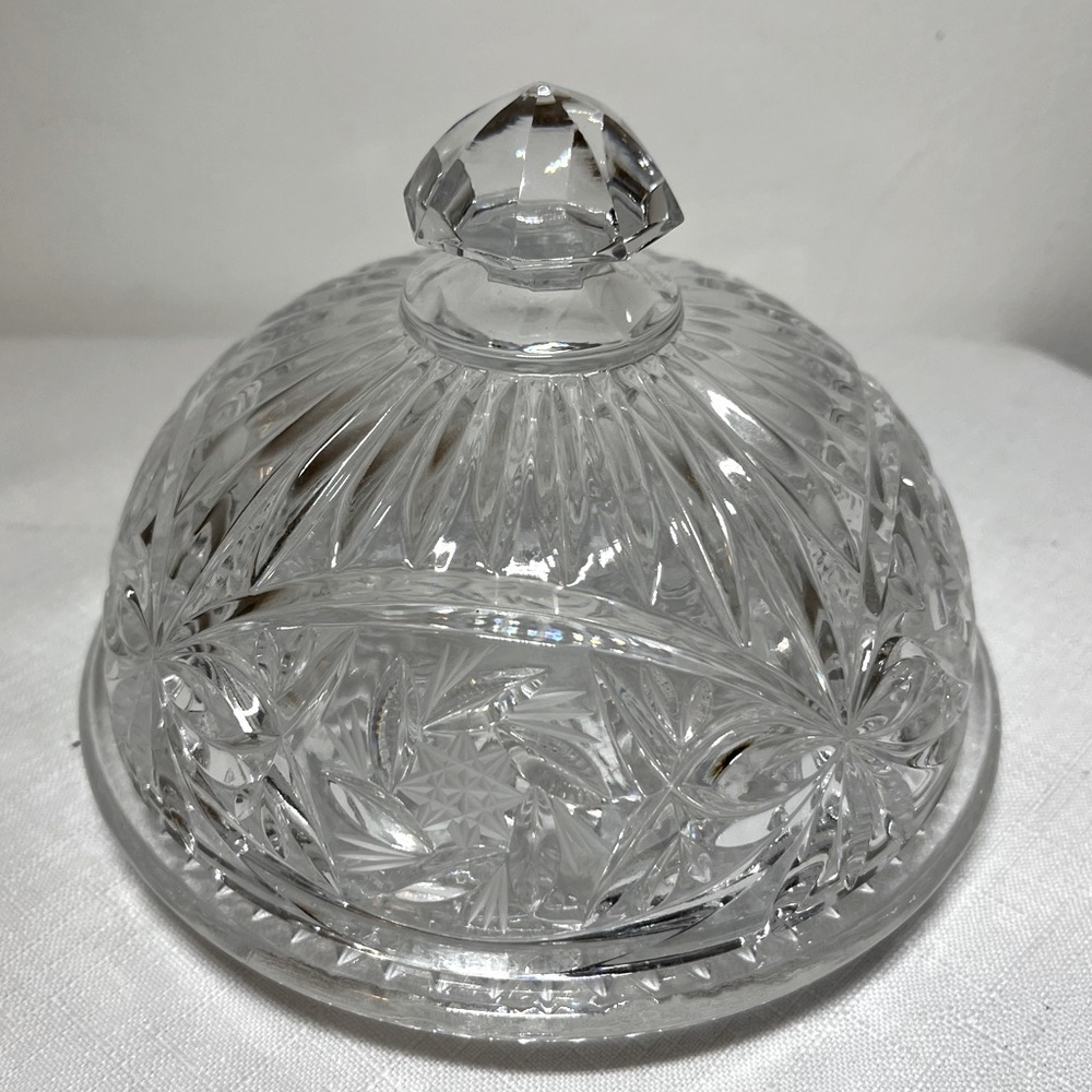 vintage crystal butter dish, American Cut Glass "Eleanor" collection, Pinwheel